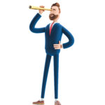 Businessman,Billy,Looking,In,Future,With,Spyglass.,3d,Illustration. Businessman,Billy,Looking,In,Future,With,Spyglass.,3d,Illustration.